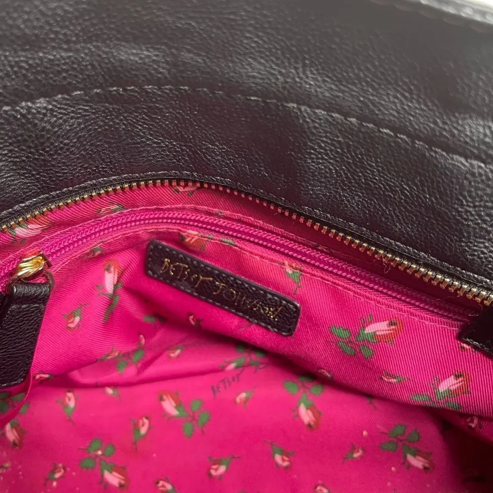 Betsey Johnson vegan leather pink & beige with black & white pocket,black straps